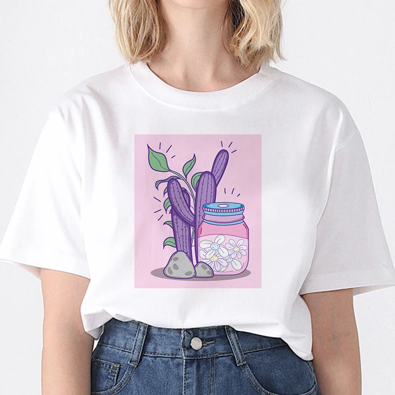 

2021 Fashion Female Top Tees Summer Short Sleeve Oversized Women Tshirt Cactus Print Kawaii Cute Girls Aesthetic White T-Shirts