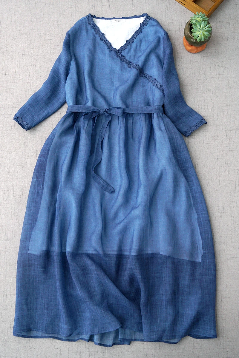 

Spring Summer Women Loose Vintage Chinese Style Comfortable Water Washed Thin Ramie V-neck Pullover Blue Dresses W/h Belt