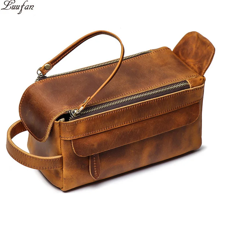 Genuine Leather Clutch Purse Make Up Toiletry Bags Women Man Crazy Horse Leather Cowhide Driver Purse Cosmetic Bag Wash Bags