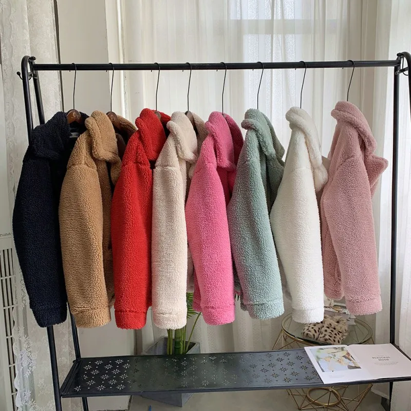 

Winter Coat Women Loose Thick Warm Lamb Fur Solid Color Button Lapel Plus Size Casual Double Pocket Long Sleeve Wool Coat