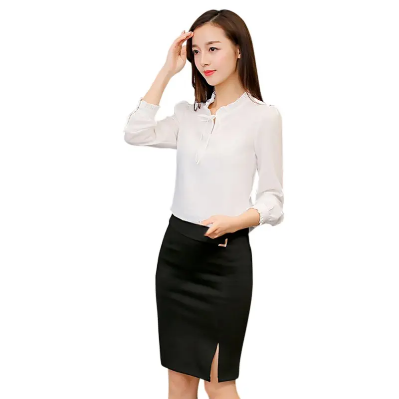 

Elegant Women Long Sleeve Shirts Stand Collar Bow Blouses Ladies Chiffon Blouse Tops Rk