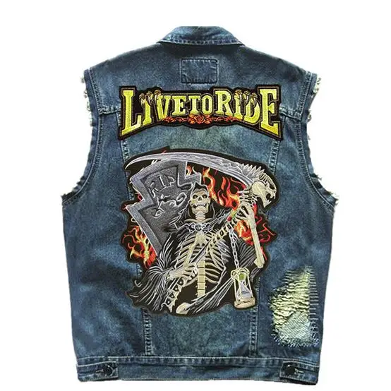 Мужской мотоциклетный жилет с вышитым черепом и нашивкой в виде скелета рваные