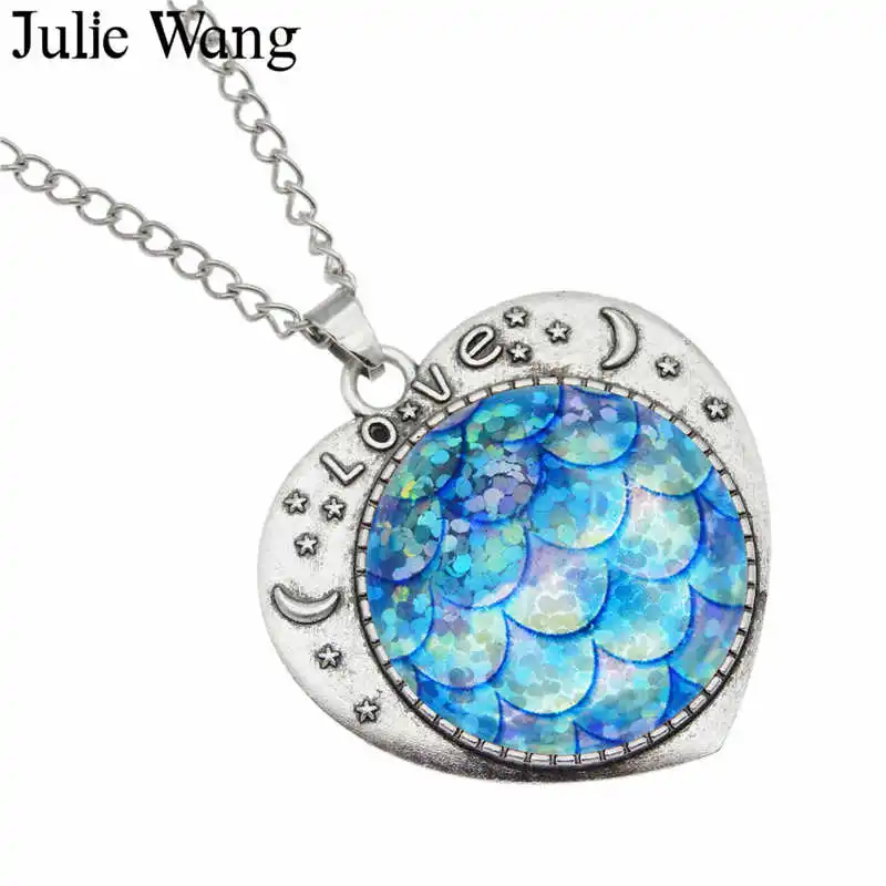Julie Wang 25mm Glass Mermaid Fish Scale Necklace Women Heart Cabochon Setting Pendant Collar Chain Bohemian Fashion Jewelry | Украшения и