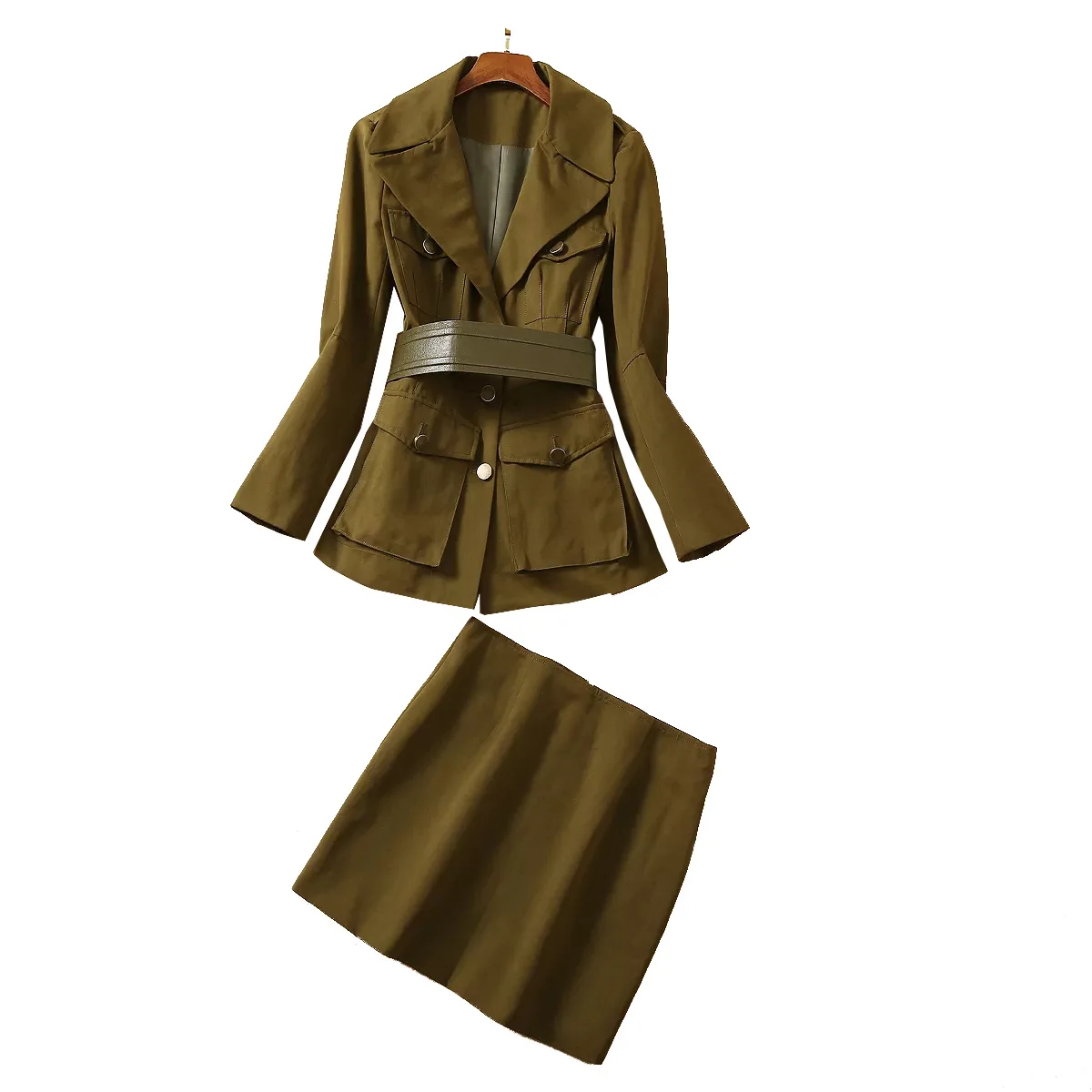 

Army Green Two Piece Set Women 2020 Autumn Winter Fashion Double-breasted Slim Blazer +mini Skirt Two Piece Outfits