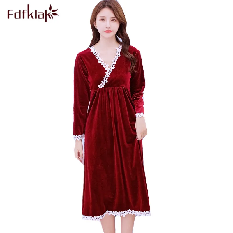 Fdfklak Good quality women nightgown long sleeve night dress v-neck sexy sleepwear nightdress warm gold velvet winter nightshirt