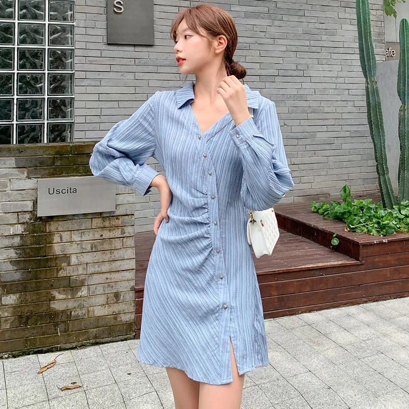 

Hebe&Eos New Autumn Elegant Dresses For Women Blue Striped Shirt Dress Femme Sexy V-neck Casual Dress Long Sleeve Vestidos 2021