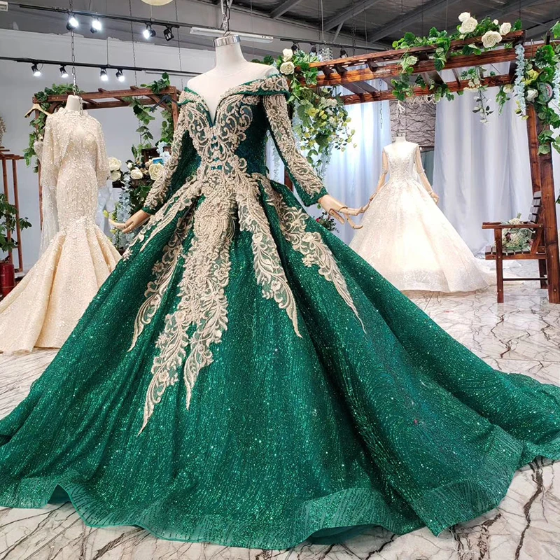 HTL744 evening dress long sleeve v neck floor length ball gown pattern green veil occasion dresses for women robe longue soiree