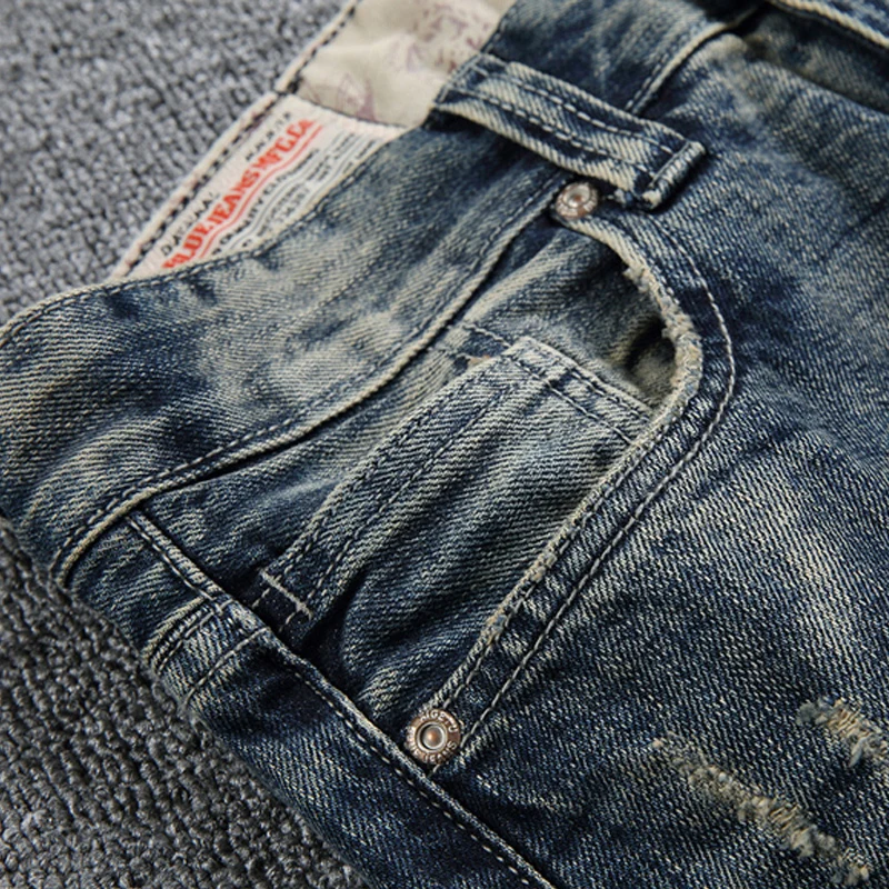 European Street Fashion Men Jeans High Quality Retro Destroyed Slim Fit Ripped Jeans Men Embroidery Designer Denim Punk Pants