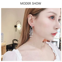 silver color needle long tassel earrings pearl high quality cubic zircon princess same style fine jewelry for women banquet