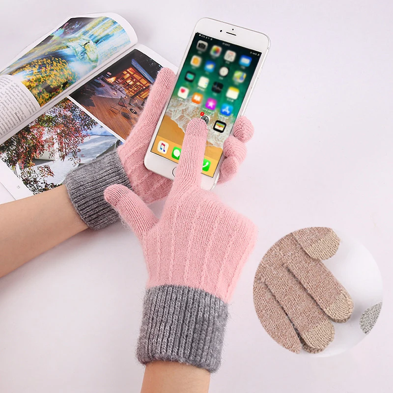 

Women's Touch Screen Gloves Autumn Winter Knitted Thickened Warm Fleece Mitten Elastic Jacquard Full Finger Non-Slip Gloves