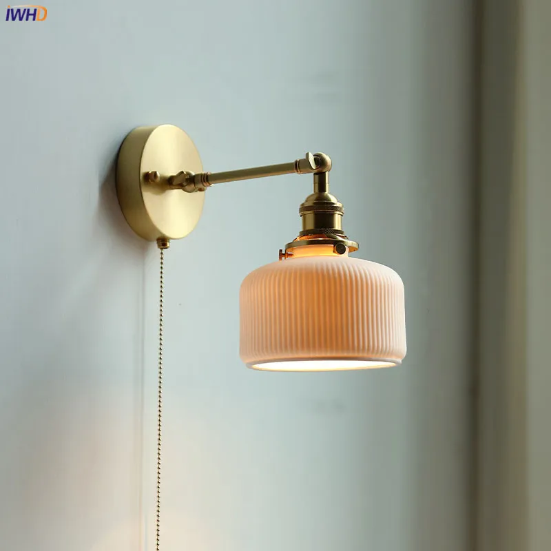 IWHD Ceramic Copper Arm Wall Lamp Beside Pull Chain Switch Bedroom Bathroom Stair Japan Style Nordic Modern Wandlamp Applique