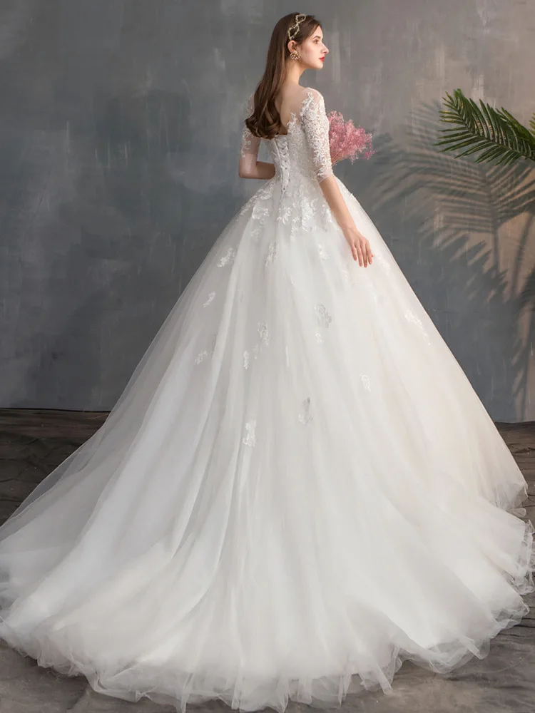

Women's wedding dress lace embroidery O neck plus size bridal Muslim wedding gown
