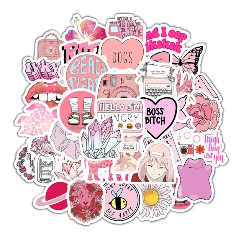 

10/30/50PCS Girl Cartoon Small Fresh Pink Suitcase Guitar Graffiti Helmet Waterproof Stickers Decorative Toys Wholesale