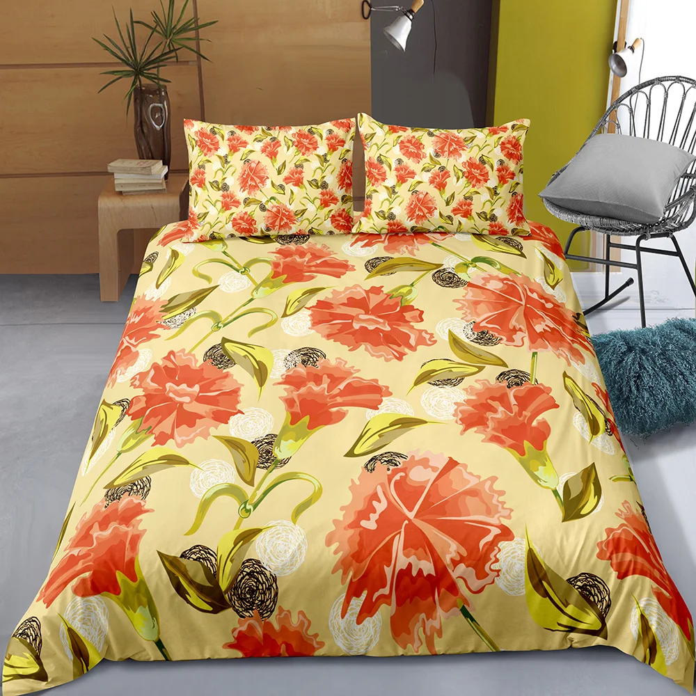Retro Style Carnation Bedding Set Skin-friendly Duvet Double King Bed Comforter Sets Romantic Wedding Bedspread Warm Colors | Дом и сад
