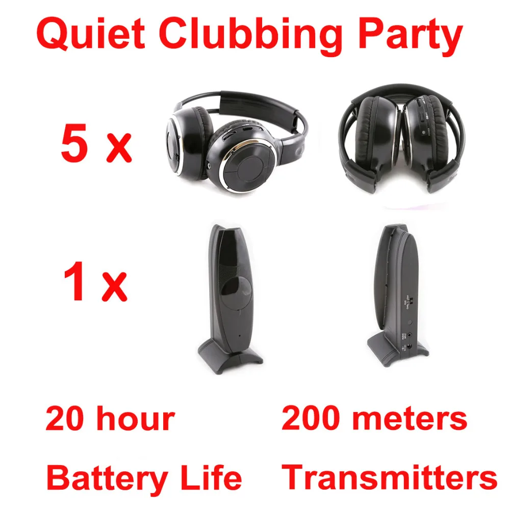 

Silent Disco complete system black folding wireless headphones - Quiet Clubbing Party Bundle (5 Headphones + 1 Transmitter)