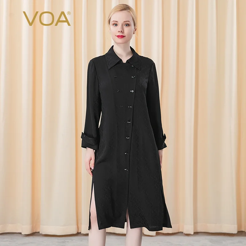 

VOA Jacquard Silk 22m/m Black Dark Grain Pointed Collar Oblique Placket Double Split Loose Waist Office Dresses for Women AE316