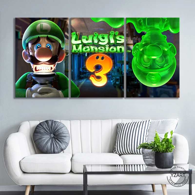 Luigis Mansion 3 игра плакат Холст Живопись Домашний Декор стены Искусство 3 панели Марио Братья Луиджи мультфильм Настенная картина Super Smash Bros
