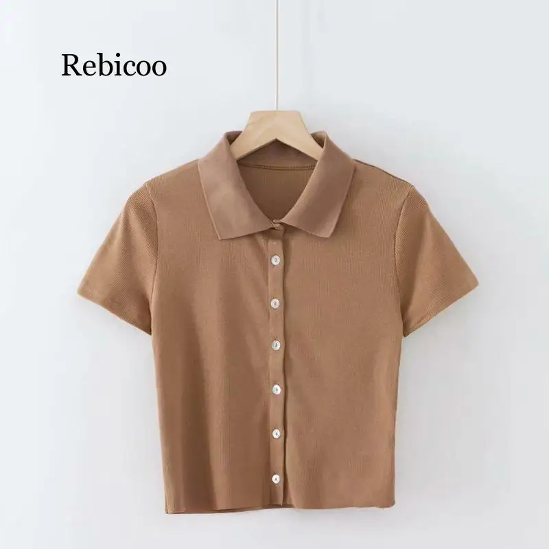 

Women Short Sleeve Collared Button Up Crop Top Opaque Buttons T-shirt