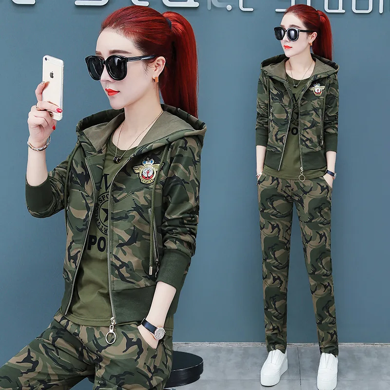 Камуфляжный Комплект из трех предметов спортивный костюм женские топы на молнии