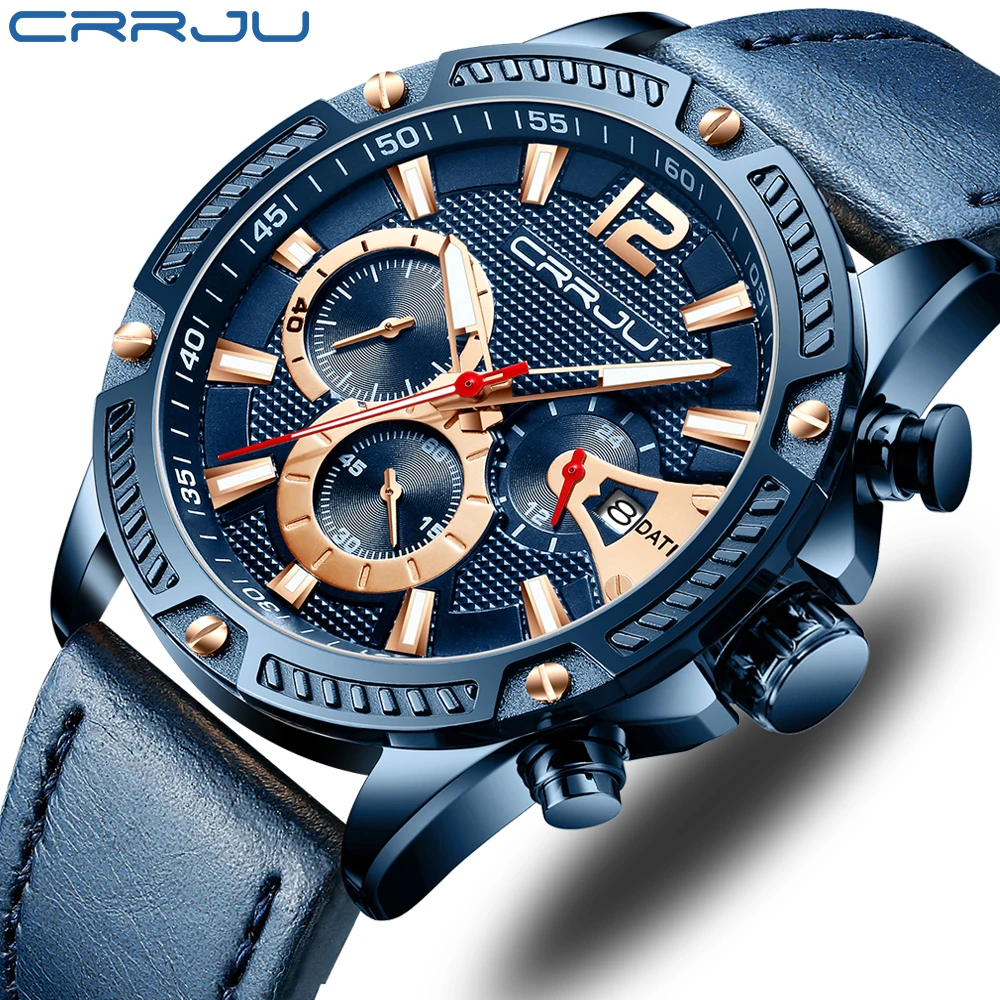 

Men Watches CRRJU Luxury Leather Military Watches for Mens Fashion Chronograph Date Waterproof Quartz Man Watches reloj hombre