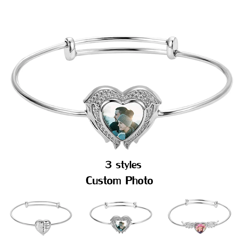 Custom Photo Bracelet For Women Femme Jewelry Mum Daugther Gift  Personalized Heart Picture Bracelets Fashion Platinum Bangles