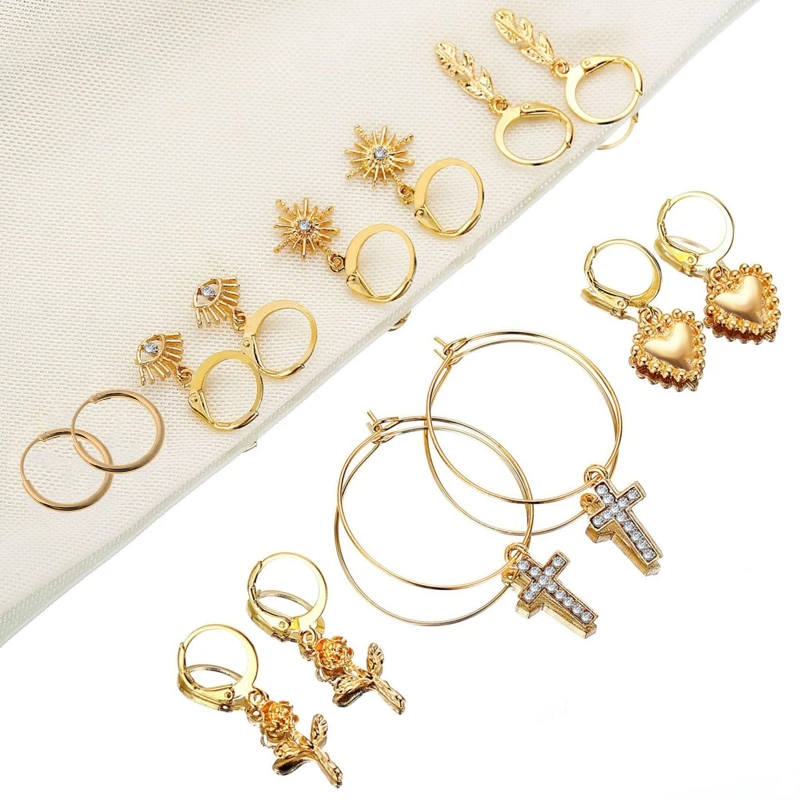 

7 Pairs Cross Eye Heart Hoop Dangle Earrings Set Flower Earring Women Jewerly