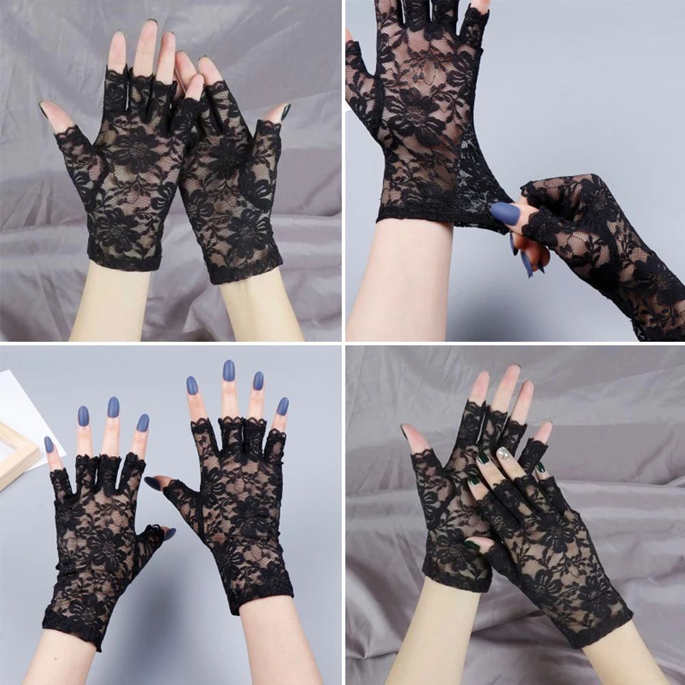 Hot Women Girl Amazing Goth Party Dressy Lace Gloves Mittens New Fingerless Style Thin Black White Red Gloves