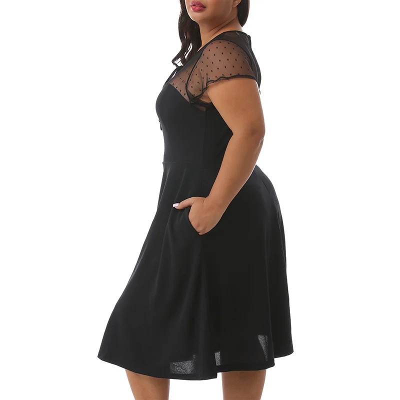 

Large women's summer sexy mesh patchwork black large size 9xl party dress