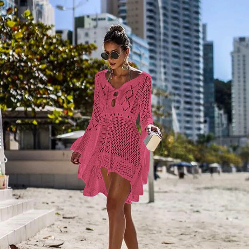 

Irregular deep V sexy flare sleeve hollowed-out woven beach smocks dress Bikini blouse
