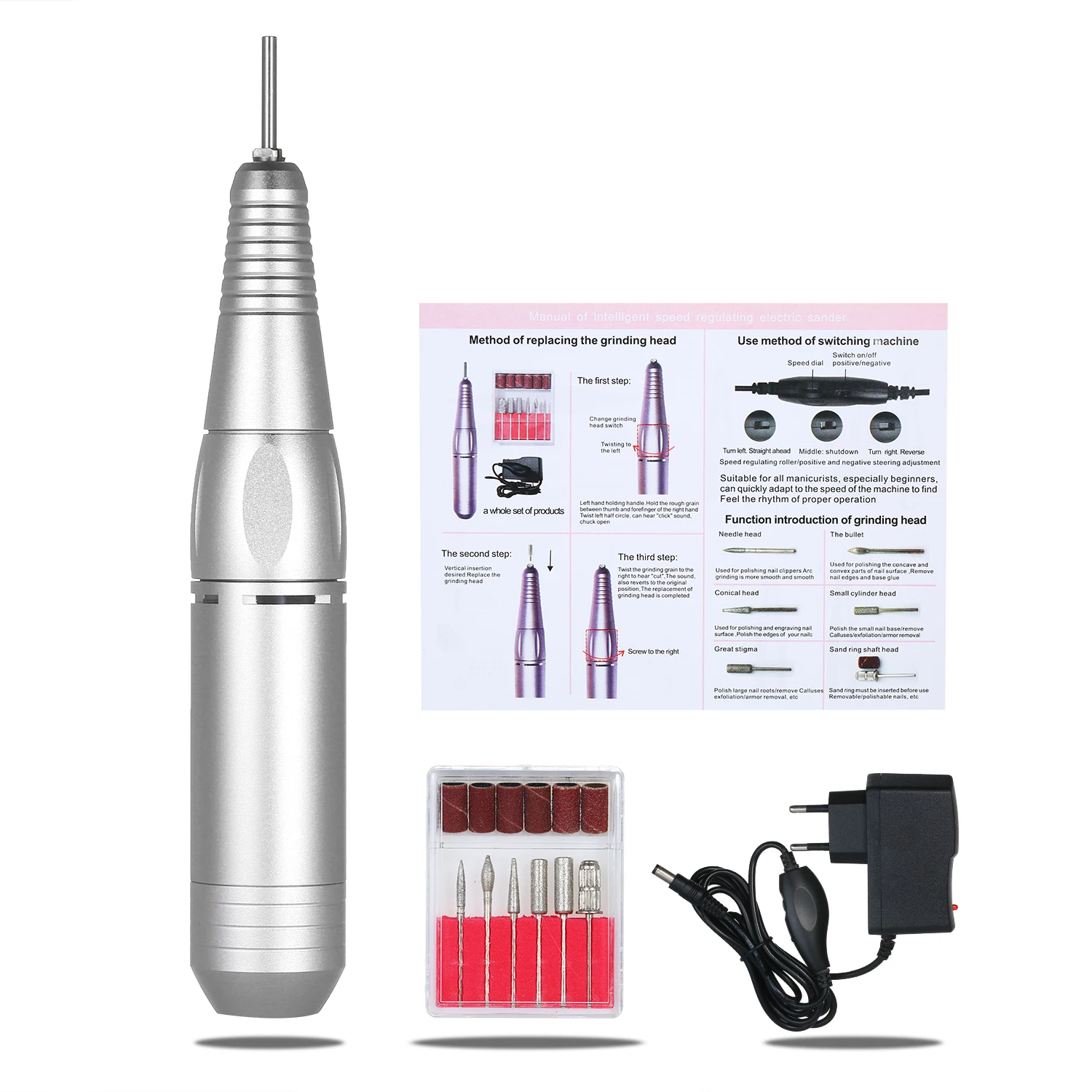 Электрическая ручка для маникюра и педикюра фрезер с 6 насадками шлифовки лака