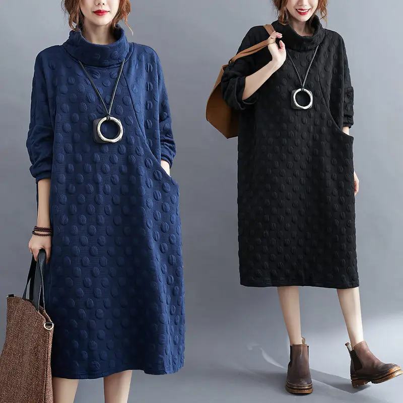 

Loose Oversize Women's Cotton Sweater Dress High Collar Autumn and Winter Loose Polka Dot Long Sleeve Dress Long Pullovers Tunic