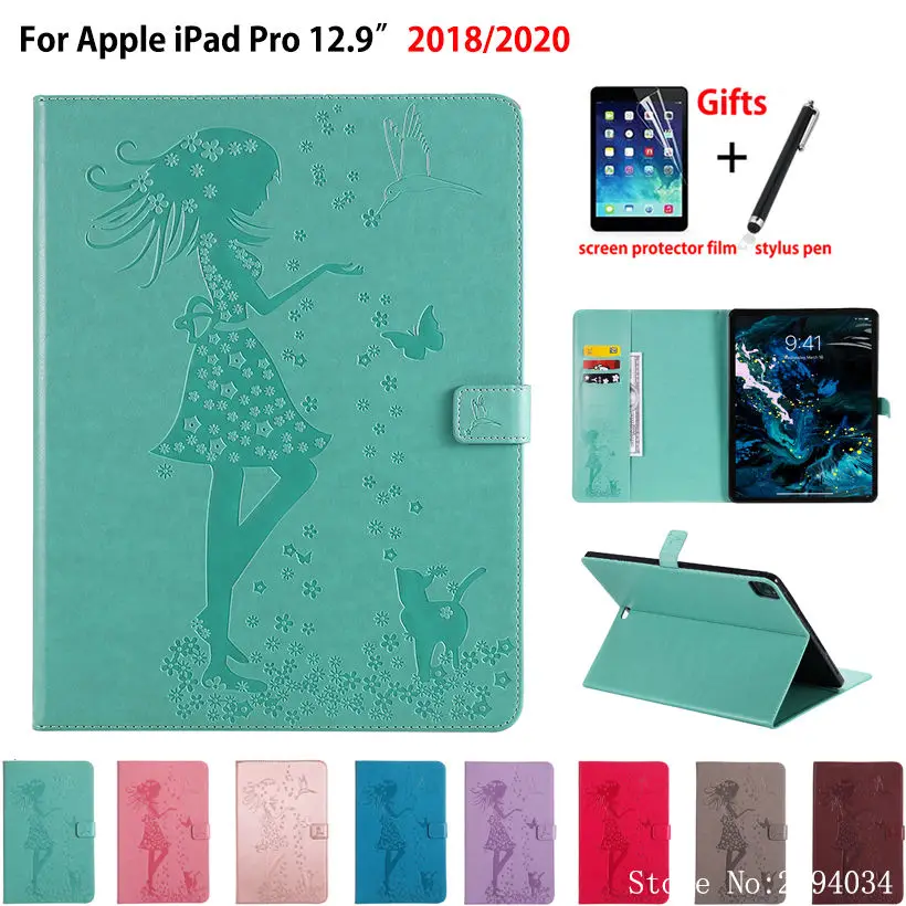 

For iPad Pro 12.9 4th 2020 Case Cover Funda For iPad Pro 12.9" 2018 3th Capa Girl Cat Embossed Pattern Stand Coque Shell +Gift