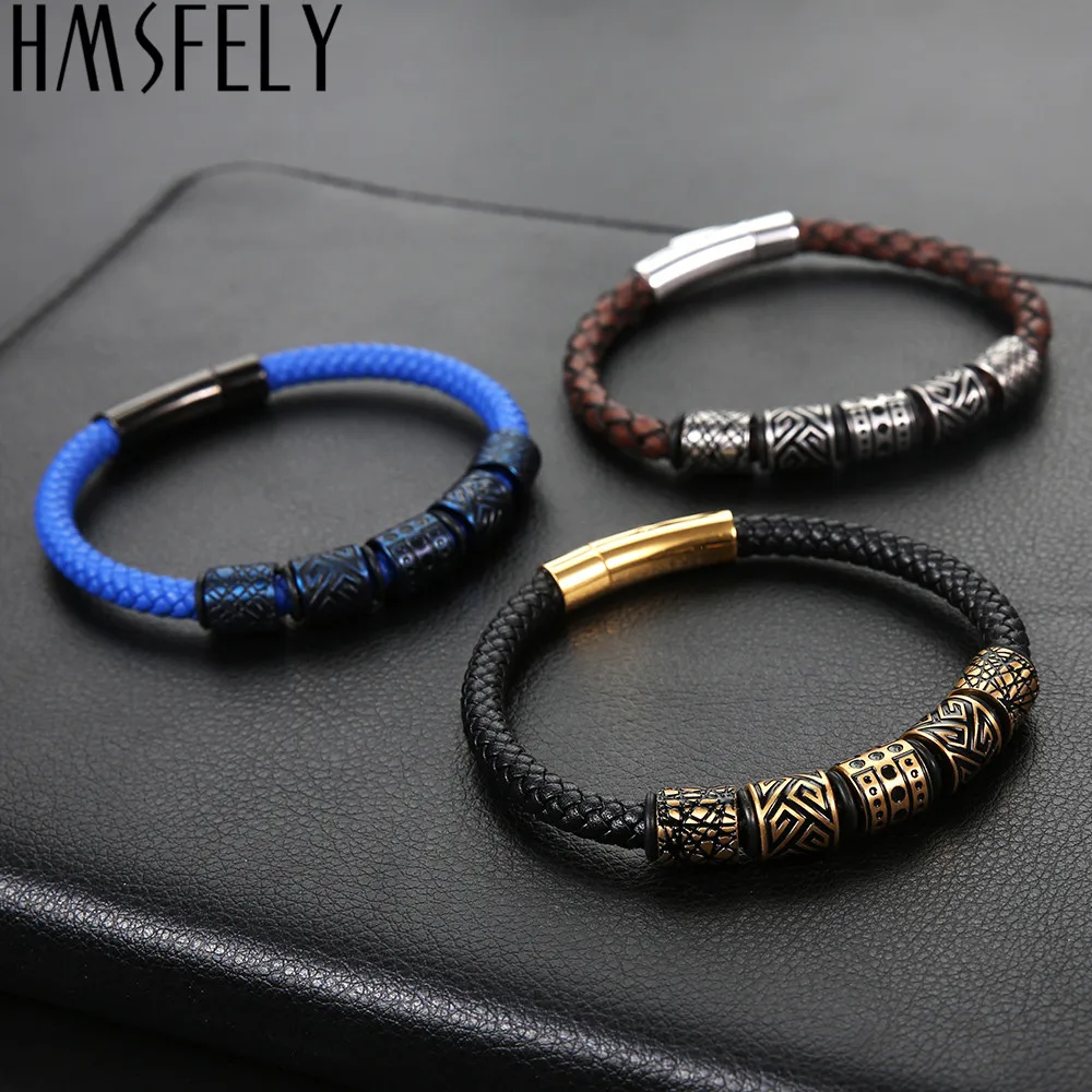 HMSFELY мужской роскошный кожаный титановый браслет из нержавеющей стали синие