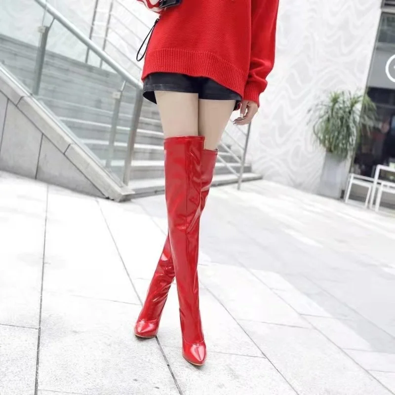 

Women's Thigh High Stiletto Boots Sexy Over The Knee Boots Sexy Women Boots Red Black Patent Leather Long Boots Thigh High Flat