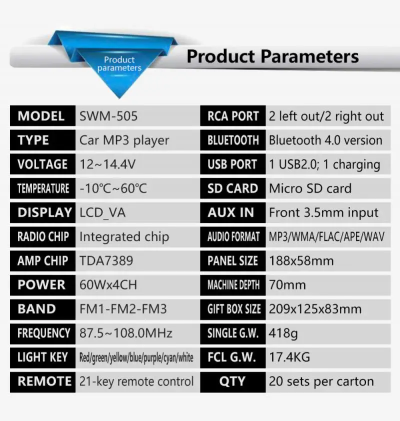 

SWM-505 Car Radio Head Unit Bluetooth-compatible AUX U Disk TF Card MP3 Player Auto Stereo Support Audio Copy Car Accessories