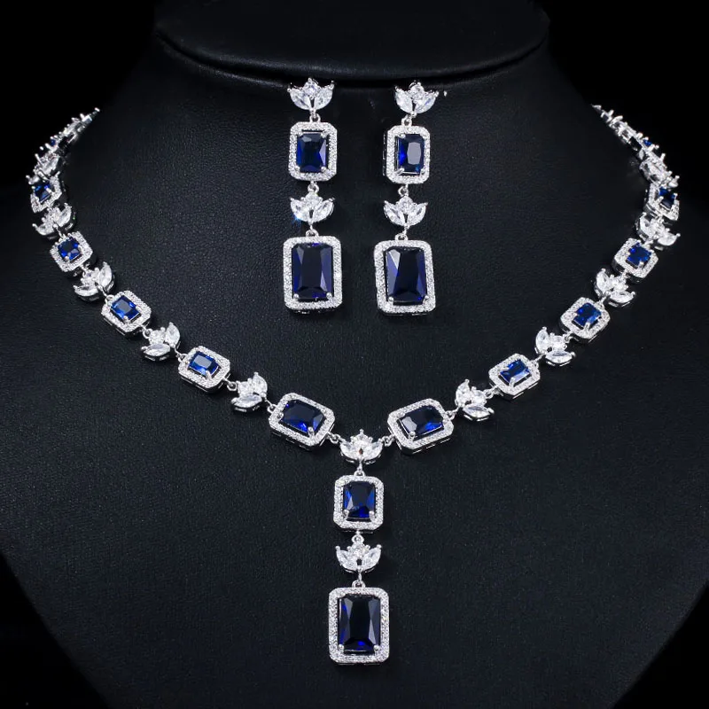 Blue CWWZircons квадратный вырез красный фианит камень для женщин Свадебная вечеринка ожерелье ювелирные изделия комплекты для невест костюм аксессуары T369 - Окраска металла: Blue