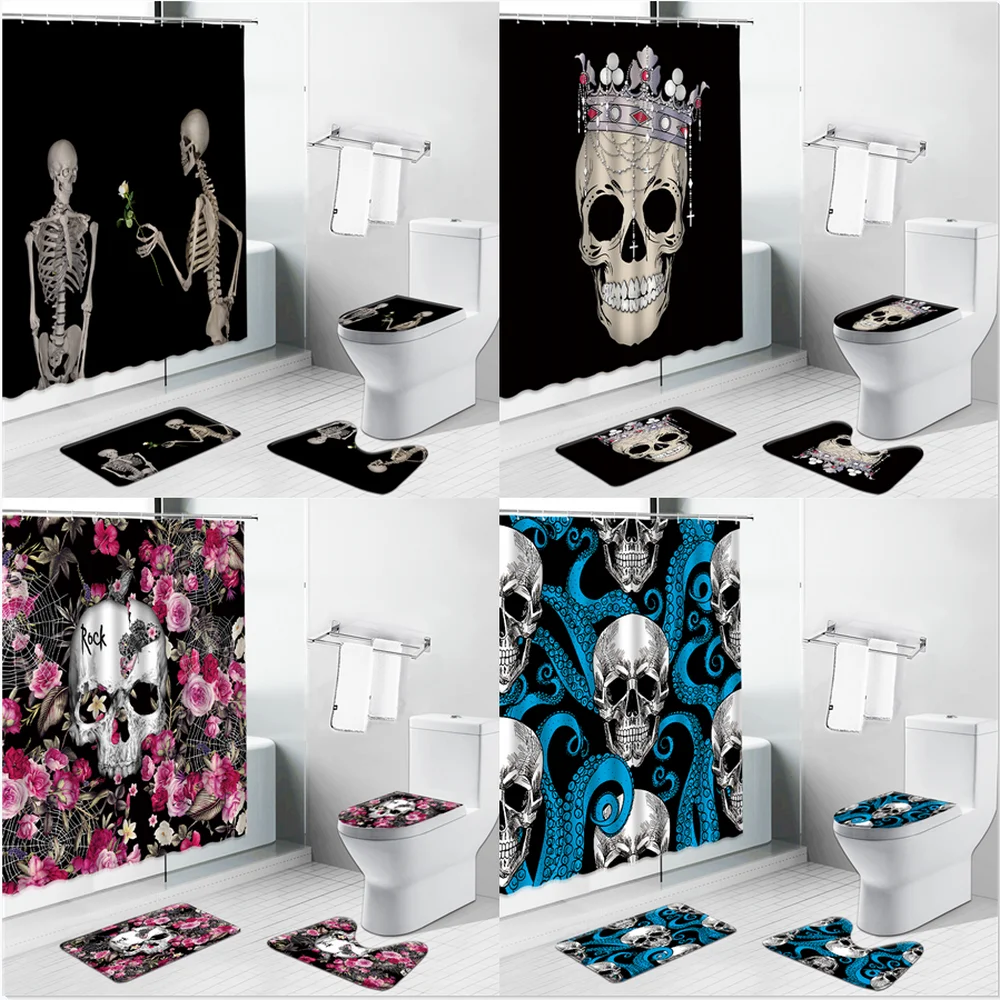 

Funny Skull Skeleton Print Shower Curtain Set Halloween Festival Home Decor Bath Mat Toilet Lid Cover Flannel Bathroom Carpet