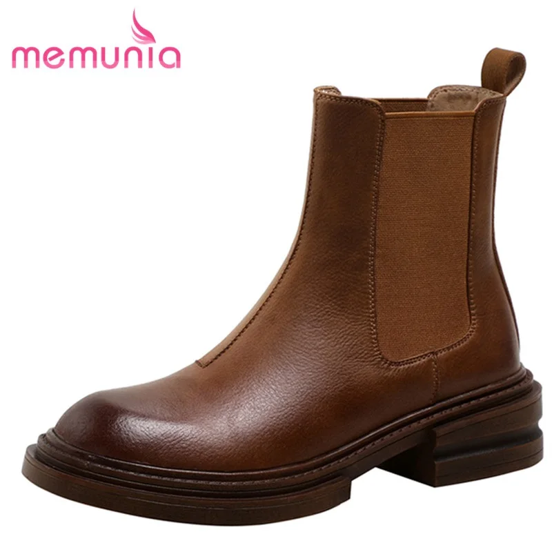 

Ботильоны MEMUNIA из воловьей кожи с эластичной резинкой на квадратном каблуке, женские ботинки ручной работы в стиле ретро, зимние высококаче...