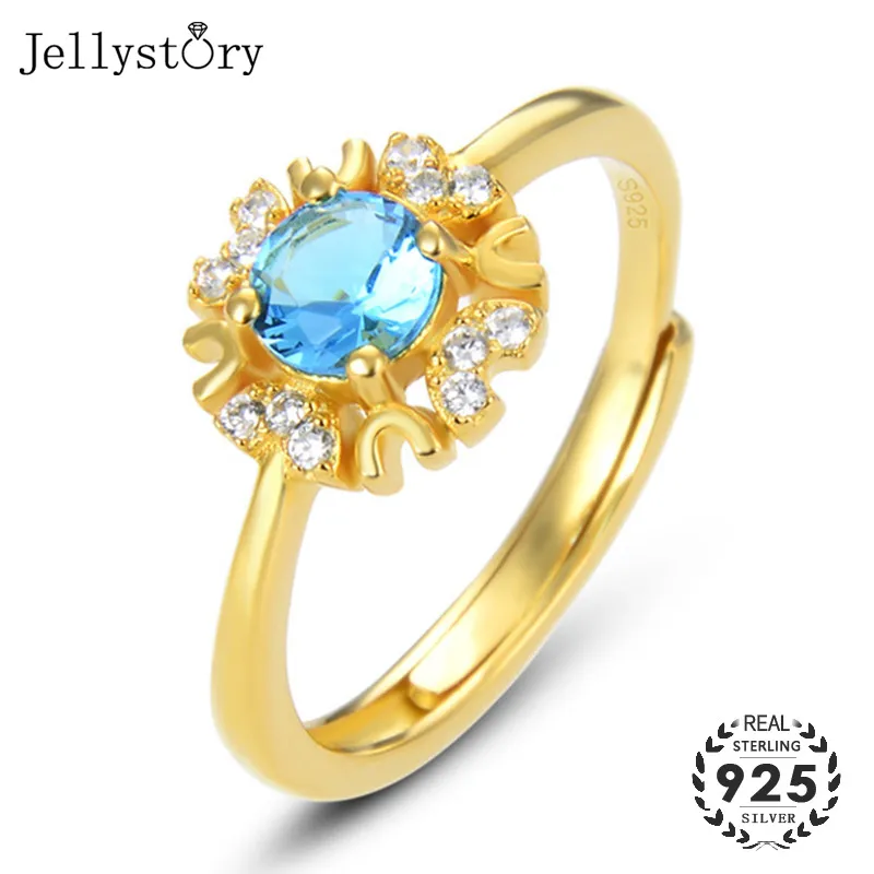 Jellystory, классическое 925 пробы Серебряное кольцо, сапфир, циркон, драгоценные камни, открытые кольца для женщин, хорошее ювелирное изделие, свадебные подарки, золотой цвет