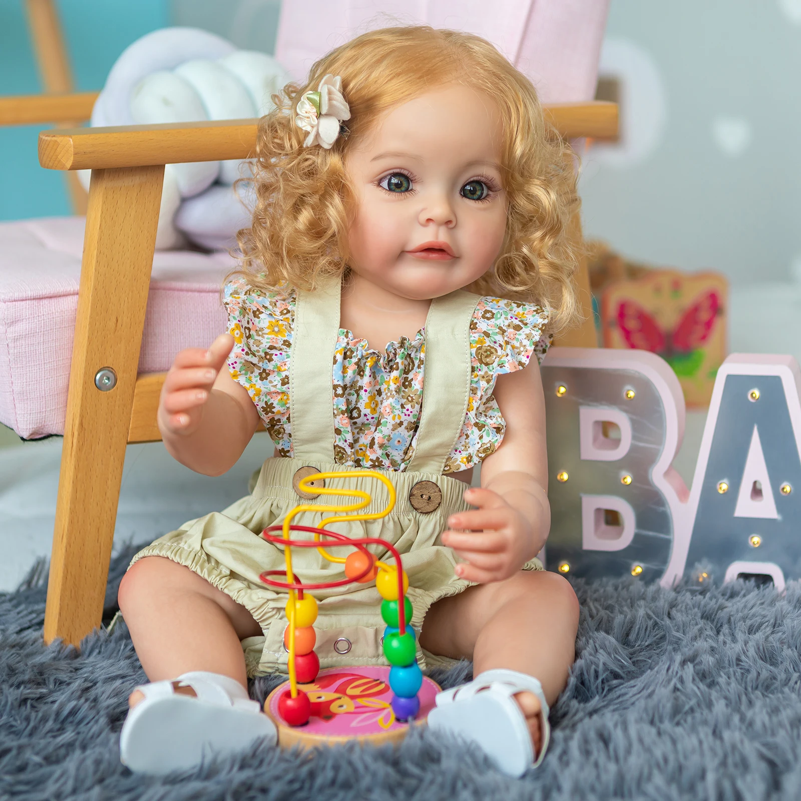 

60CM Top Quality Reborn Sue-Sue Toddler Girl 3Month Baby Size Hand-Detailed Painting 3D Skin Tone Hand rooted Brown Curly Hair