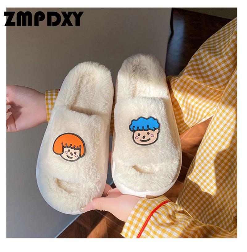 

INS Winter Women Slippers Fluffy Fur Cartoon Deco Flip Flops Anti-Slip Indoor Open-Toe Slides Funny Casual Female Shoes Hot Sale