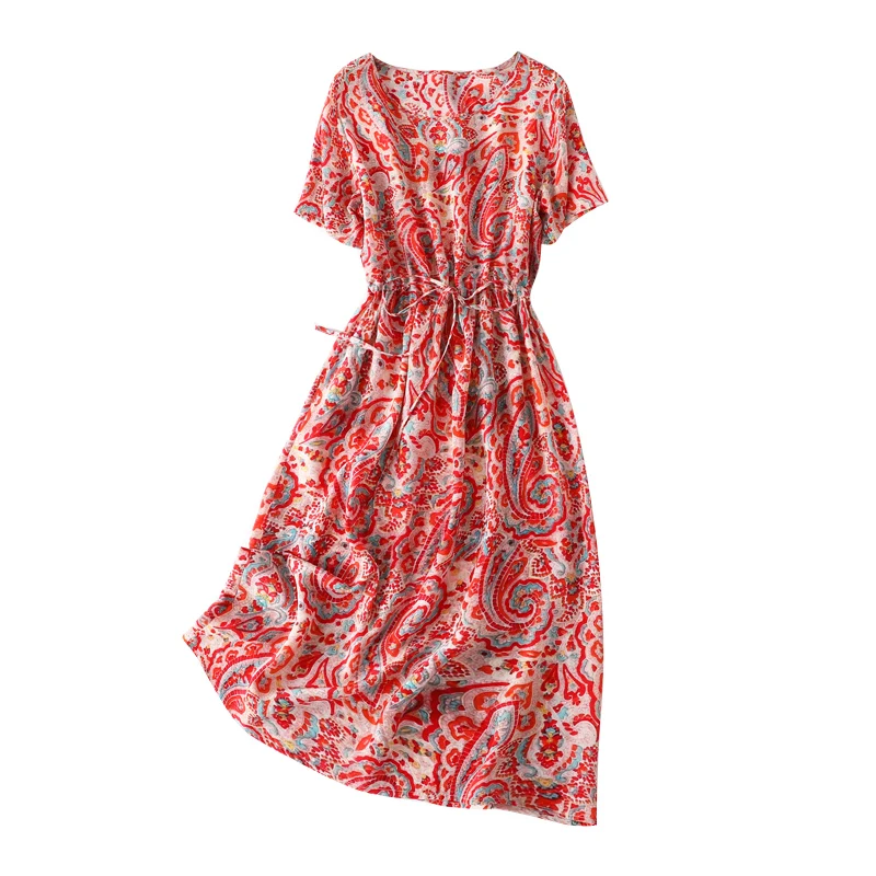 

Women's 100% Pure Silk Half Sleeve Fashion Red Floral Characteristic Printed Long Dress Crew Neck One Size L1003