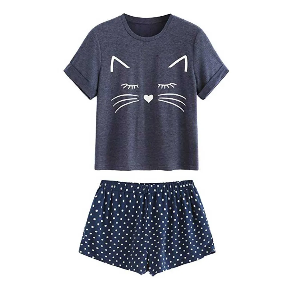 

Sleepwear Pajamas Women's Cat Shorts Short Sleeve Ruffled Sleepwear Nightwear Set Pijama Mujer Verano Women Sleepwear Lingerie