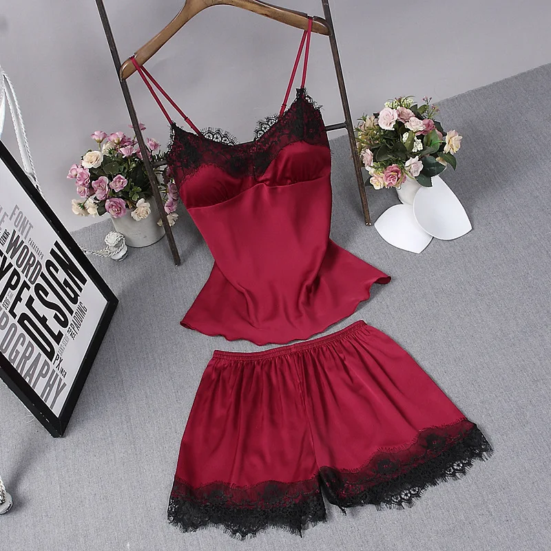 

Ladies Sexy Silk Satin Pajama Set Sleeveless Pyjama Femme V-neck Pijama Set Summer Nightwear Sleepwear For Women