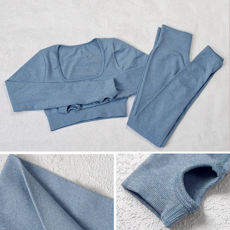 

Seamless Yoga Suit Gym Clothes Fitness Women Long Sleeve Crop Top High Waist Leggings Ribbed Workout Set Tracksuits Sports Set