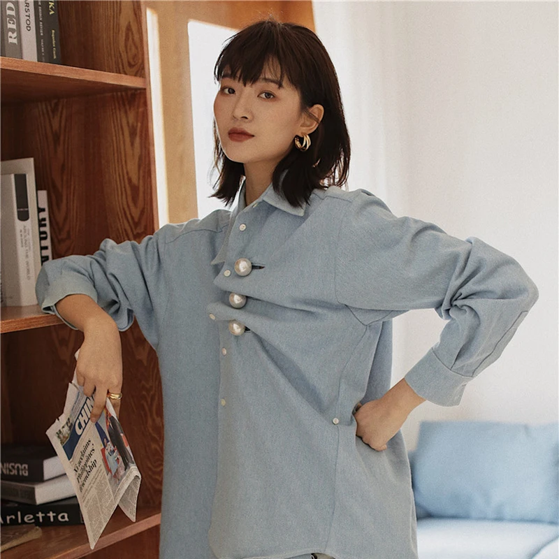 GALCAUR Asymmetrical Patchwork pearl Women's Shirts Lapel Collar Long Sleeve Blouse Female Autumn Oversize Fashion New