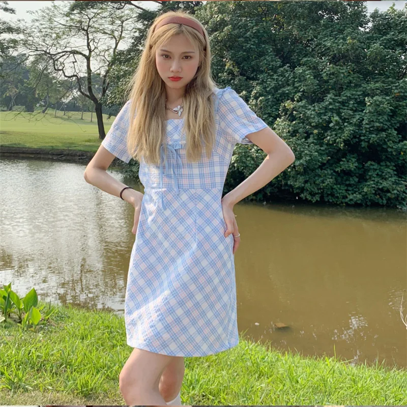 

Japanese Sweet Soft Girly Preppy Style Dress Kawaii Sailor Collar Bow Short Sleeve Vintage One-Piece Cute Plaid Dress Summer New