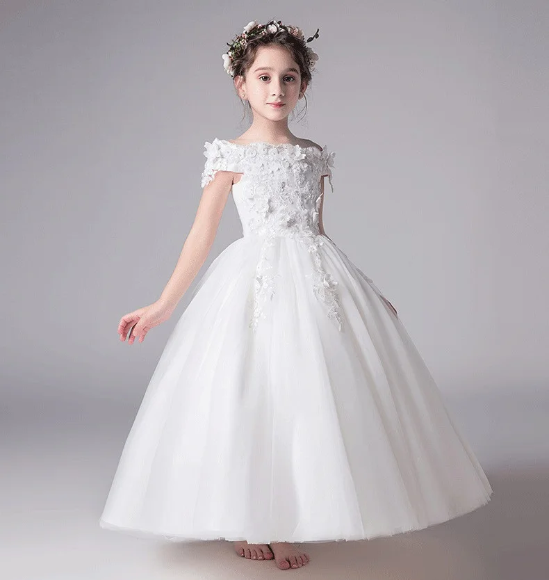 

summer Girl Children Wedding Dress white First Communion long Lace Princess Prom Party Dress for Girl Dresses teens Costume
