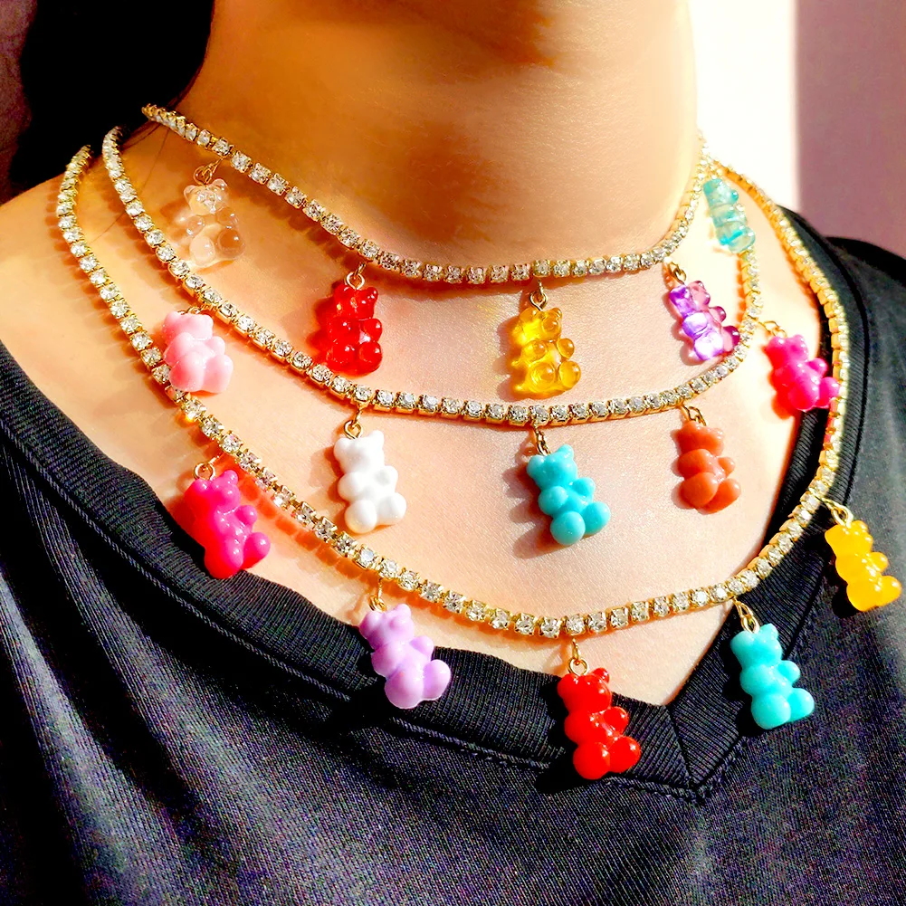 New Rainbow Color Resin Jelly Gummy Bear Charm Necklaces For Women Shine Crystal Tennis Choker Necklace Christmas Gifts Jewelry |