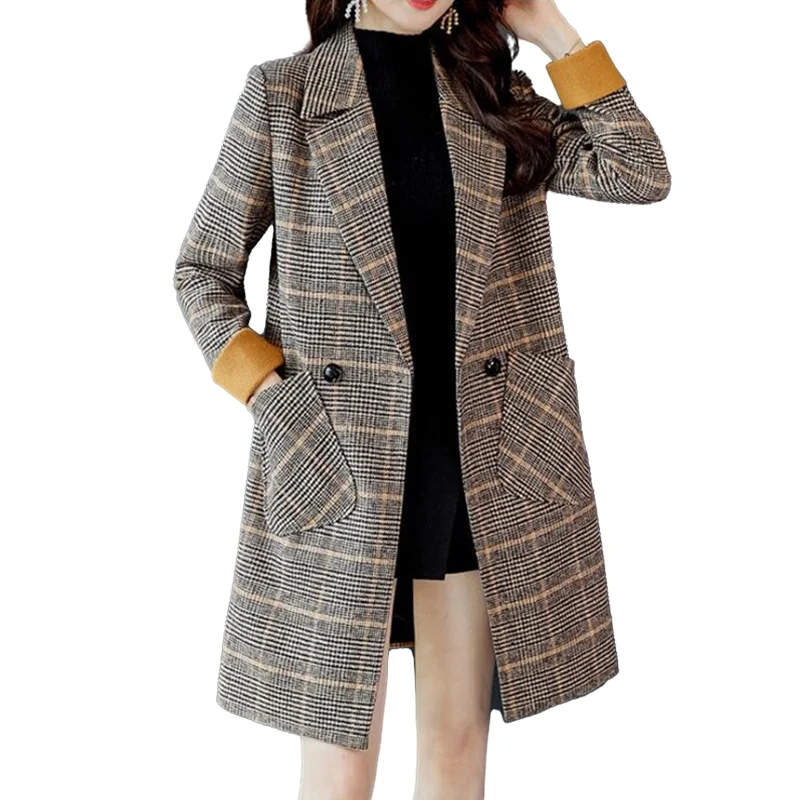 Женское шерстяное пальто в клетку Свободное длинное Корейском стиле зима 2021 |